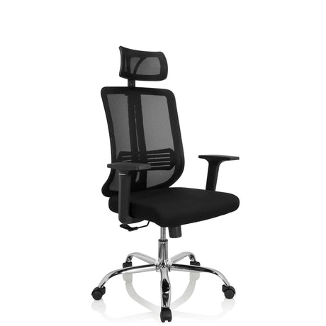 Schwarzer Homeoffice-Bürostuhl ZH 200 mit Netzrückenlehne und Kopfstütze von hjh OFFICE